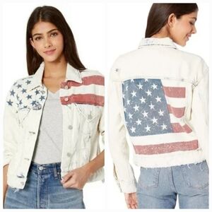 BlankNYC Women's Destructed Denim Jacket Size S American Flag Anthropologie EUC
